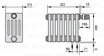 Схема (чертеж) Радиатор Zehnder Charleston 5040/7 №V002 Белый глянцевый RAL 9016